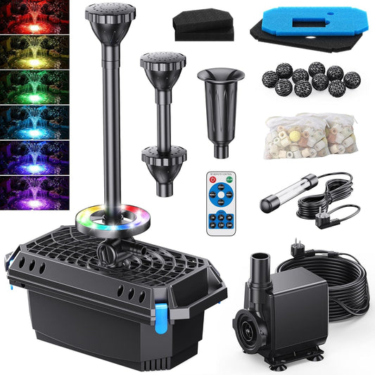 Biling Vijverfilter met uv-zuiveraar en RGB-verlichting, 40 W, 2500 l/u, vijverpomp, pomp met 3 fonteinen, stille vijverfilterpomp voor maximaal 3000 liter tuinvijvers, siervisvijvers, kikkers