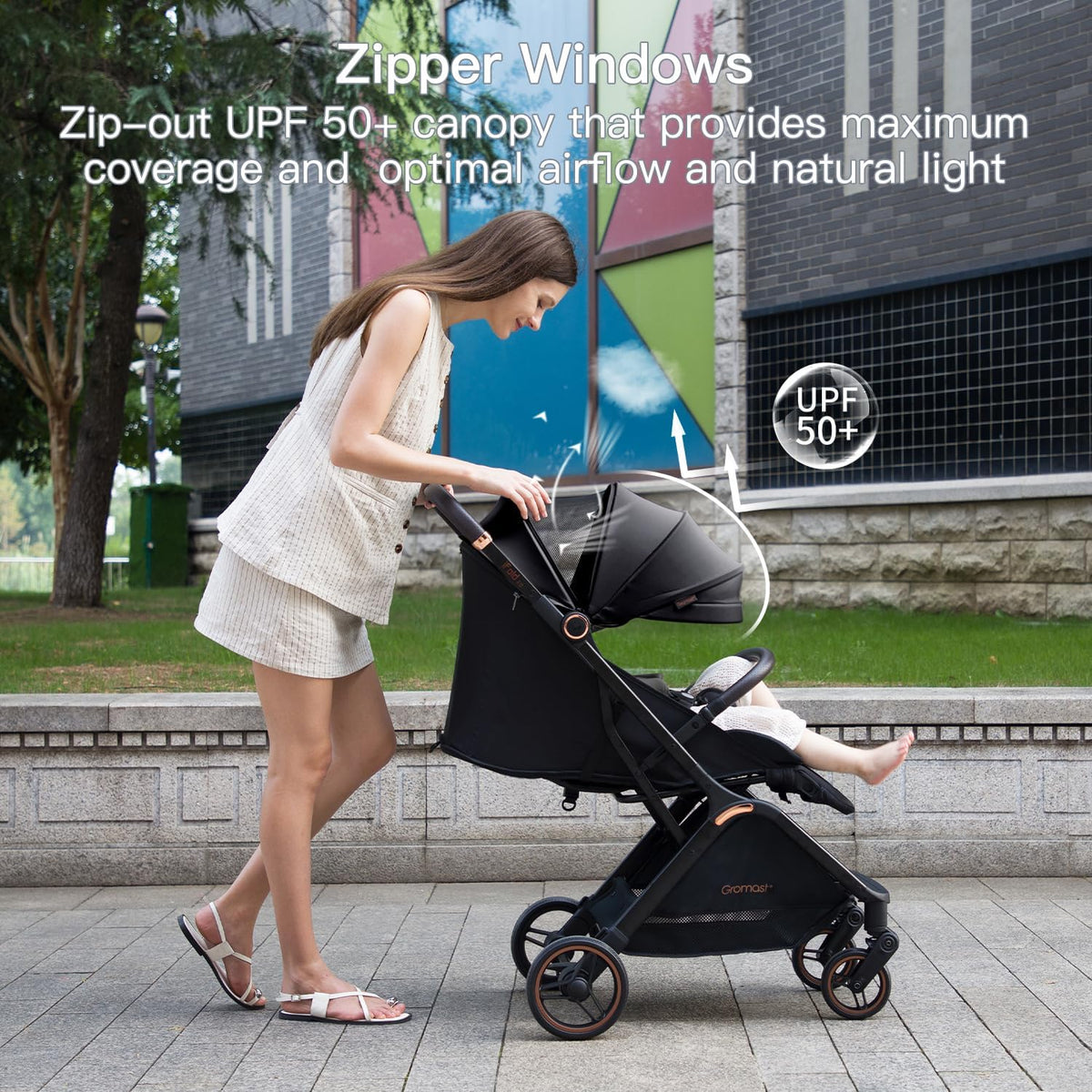 Gromast Gravity Opvouwbare babybuggy met verstelbare rugleuning en zonnedak, lichtgewicht en uv-bescherming, met één hand automatisch inklapbaar, zwart