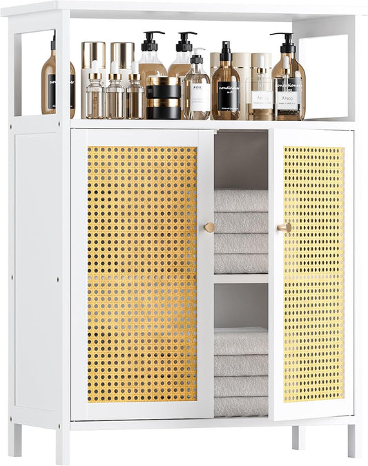 Badkamerkast – Badkamermeubel – Opbergkast – Kolomkast – Vrijstaand Bamboekastje – Wit Met Rotan Deuren – Compacte Opbergruimte – Anti-Kantelset - QUORE