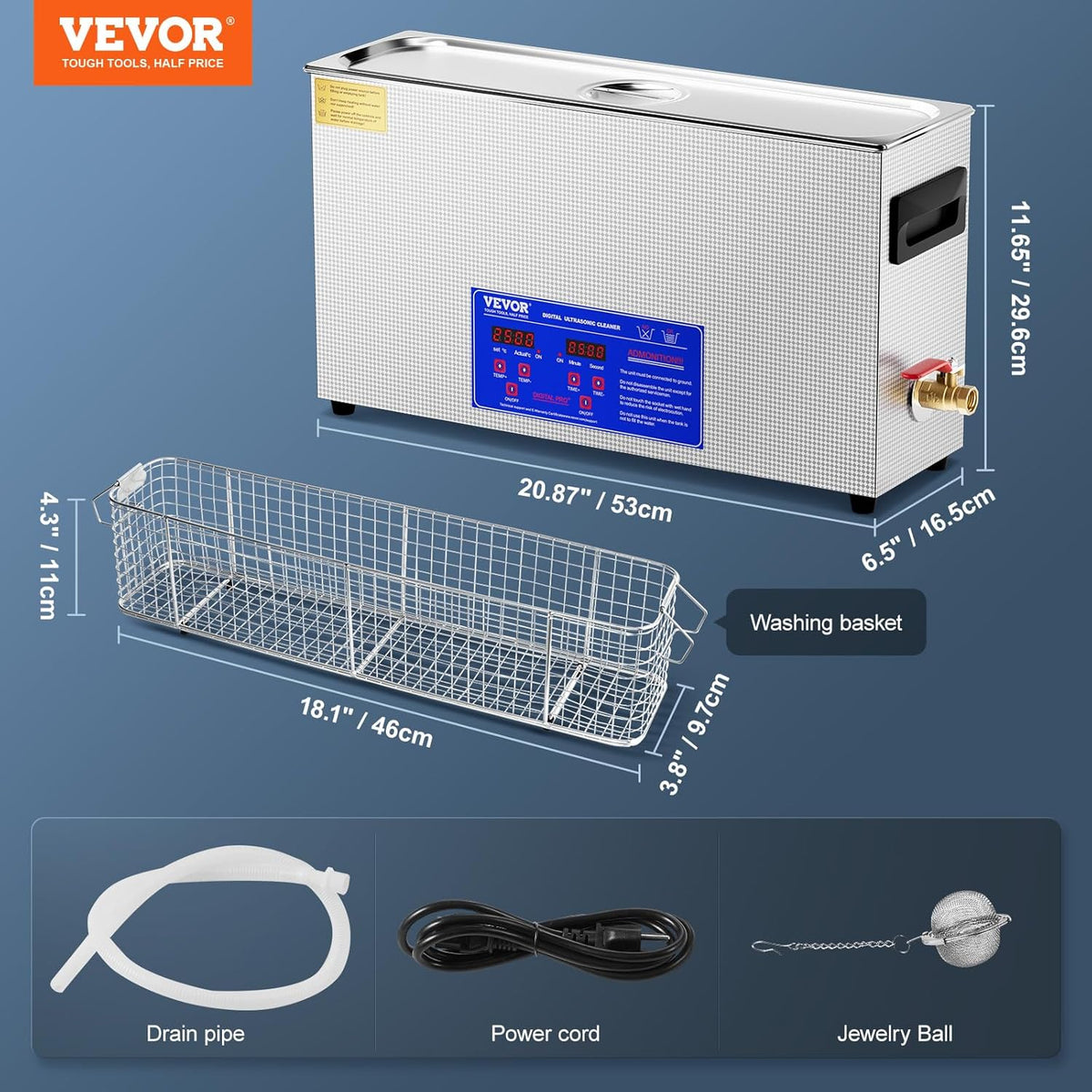 VEVOR Ultrasone reiniger, 10 l, ultrasoon reinigingsapparaat, 300 W, ultrasone reinigingsmachine met timer, verwarming, 40 kHz digitale reiniger met mand voor sieraden