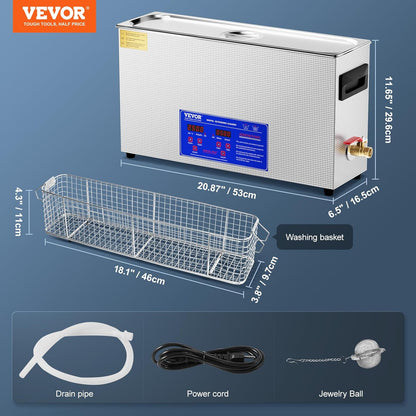 VEVOR Ultrasone reiniger, 10 l, ultrasoon reinigingsapparaat, 300 W, ultrasone reinigingsmachine met timer, verwarming, 40 kHz digitale reiniger met mand voor sieraden