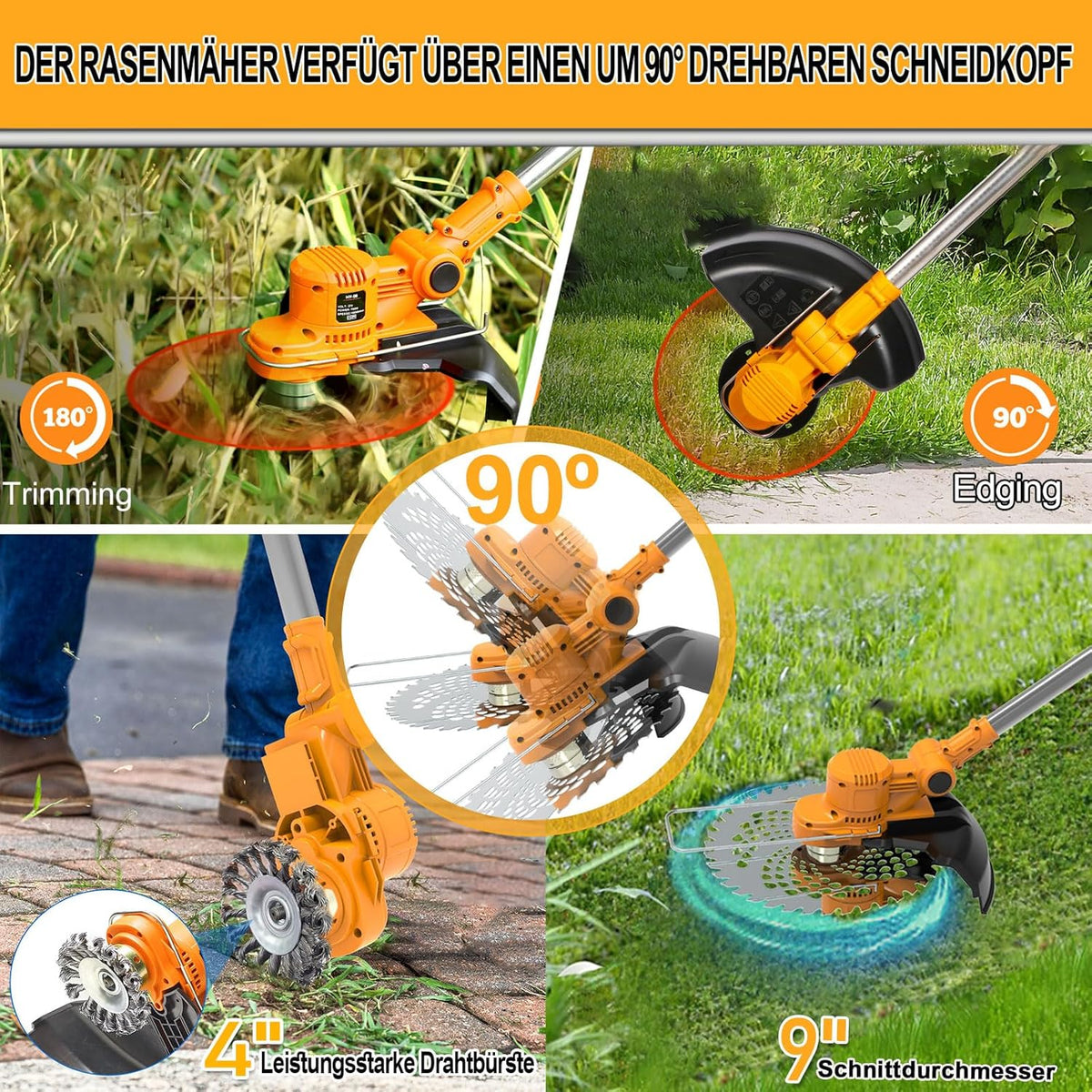 Draadloze grastrimmer met accu 21 V borstelloze bosmaaier met 2 accu's 4,0 Ah en onkruidborstel, 4-in-1 telescopische elektrische bosmaaier, draadloos, oranje