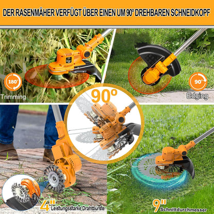 Draadloze grastrimmer met accu 21 V borstelloze bosmaaier met 2 accu's 4,0 Ah en onkruidborstel, 4-in-1 telescopische elektrische bosmaaier, draadloos, oranje