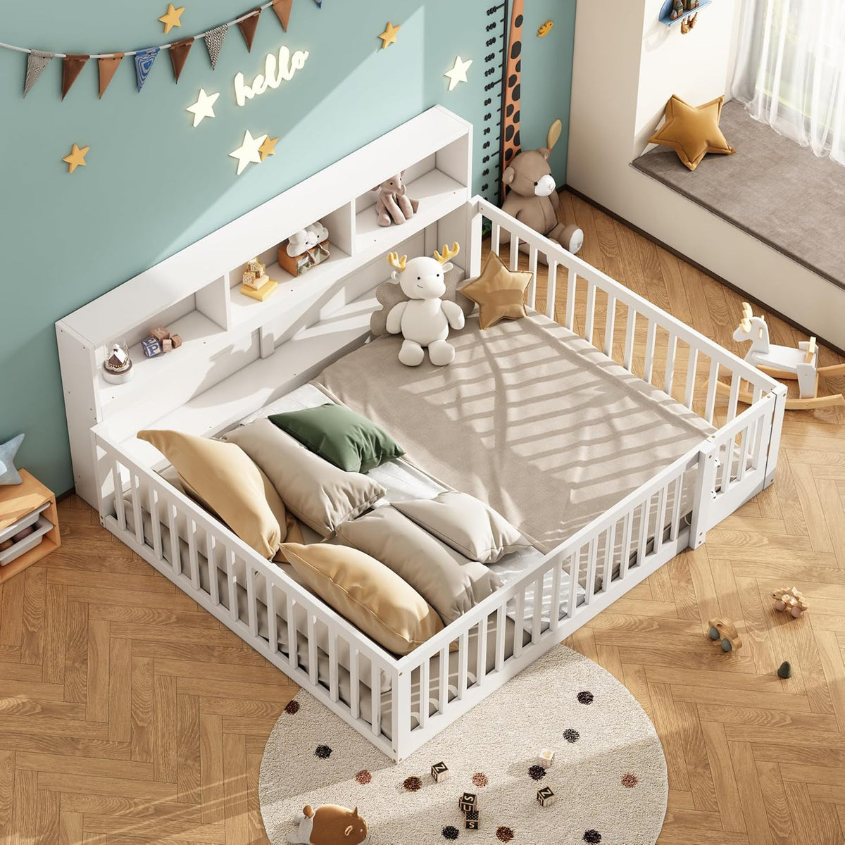 Children's Bed with Slatted Frame, Fall Protection, Rack and Fence, Youth Bed, Storage Room, Wooden Bed, Pine (White, 140 x 200 cm) - QUORE