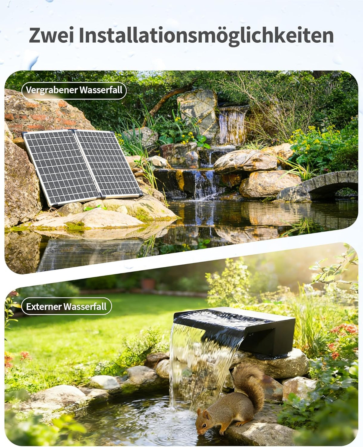 POPOSOAP Watervalvijver, 55 W zonne-waterval met vijverpomp 2000 l/u, 20 cm brede roestvrijstalen watervalbox, 3,0 m golfbuis, gebruiksklaar voor tuinvijverwaterfuncties buiten