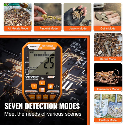 VEVOR Metaaldetector, zoekspoel, 30,5 cm, oplaadbaar, 99-127 cm, LCD-scherm, waterdicht, IP68, 7 modi, DSP-chip, bluetooth, voor goudzoeken, schattenjacht, zwart/oranje