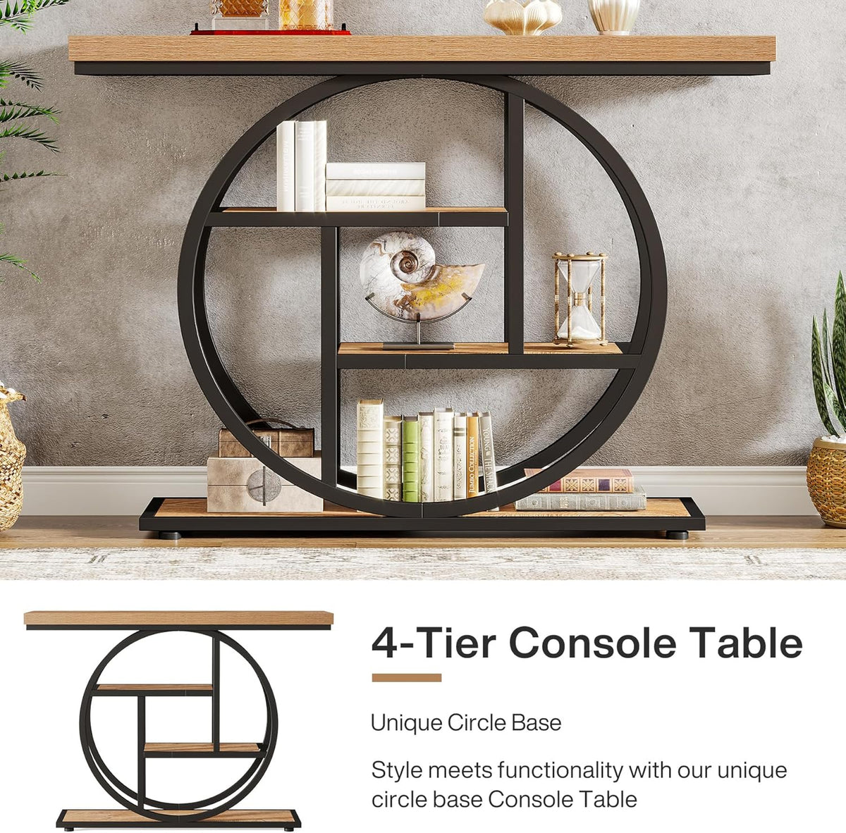 Tribesigns Console Table 105cm with 4 Levels, Narrow Industrial Sofa Table with Round Metal Frame, Wooden Entrance Table with Storage Racks for Living Room (Light Brown)