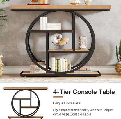 Tribesigns Console Table 105cm with 4 Levels, Narrow Industrial Sofa Table with Round Metal Frame, Wooden Entrance Table with Storage Racks for Living Room (Light Brown)
