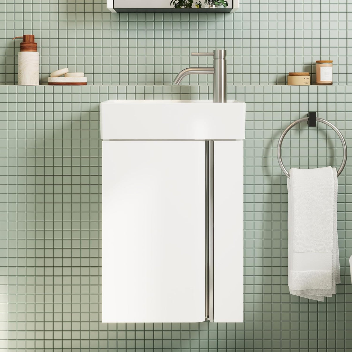 Badkamermeubel 40 cm Met Wastafel – Kleine Wastafelkast Met Opbergruimte Voor Gastentoilet, Ruimtebesparend, Matwit