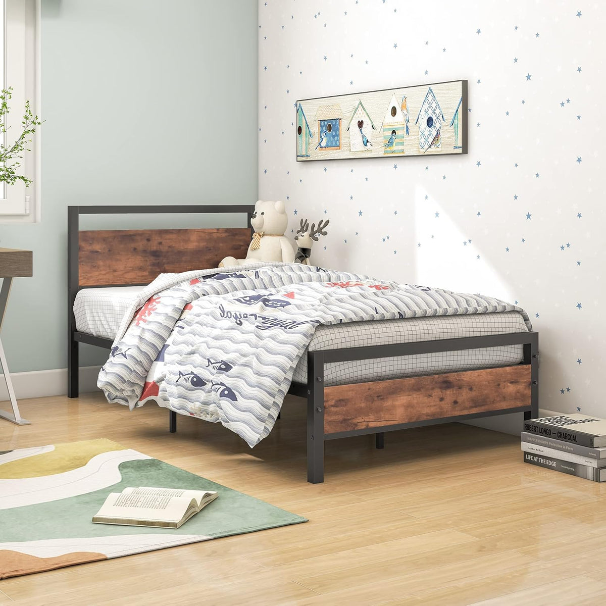 HOJINLINERO Bedframe van metaal en hout, metalen bedframe met lattenbodem, voor volwassenen, kinderen, jongeren, slaapkamer, logeerkamer, eenvoudige montage, bed, 90 x 200 cm, zwart