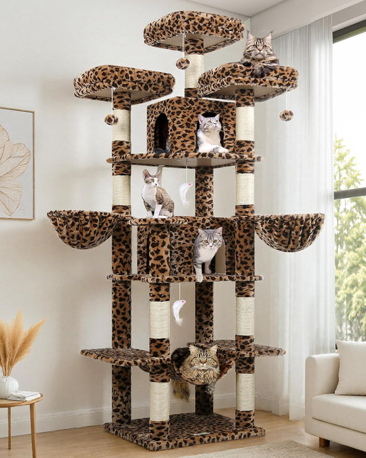 Globlazer cat tree Leopard large,Scratching post xxl high 204cm with 3 Seat Rod 2 cat house 2 Basket Hammock Plush cats toys,cat tower luxury for 3-5 large cats Rest Play (F80, Leopard)