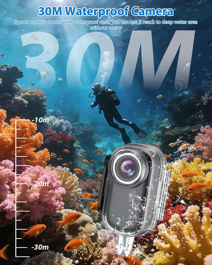 Mini Action Cam 4K WiFi, 32 GB bodycam lichaamscamera met scherm, 150° onderwatercamera, 30 m, kleine sportcamera, motorfiets, helmcamera, actiecamera, vlog, videocamera, multifunctionele accessoires