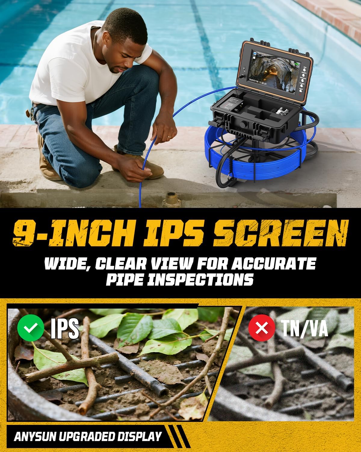 anysun Inspectiecamera met zelfnivellering, waterdicht IP68, 23 mm, 9 inch IPS-scherm, DVR 1080P met 32 GB kaart, 7 mm-kabel met metrische markering, 5100 mAh camera-inspectie