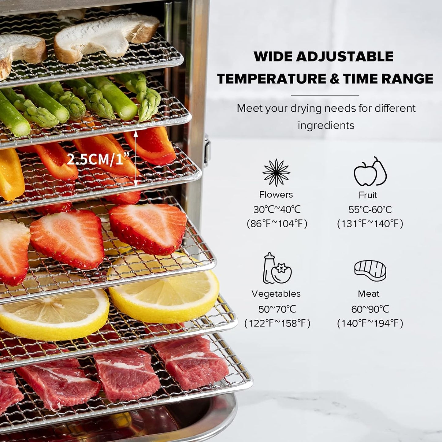 Kwasyo Voedseldroger, BPA-vrij, 30~90 ℃ temperatuurinstelling, max. 24 uur, fruitdroger met gratis receptenboek, droogautomaat voor fruit, groenten, vlees en chili-400W
