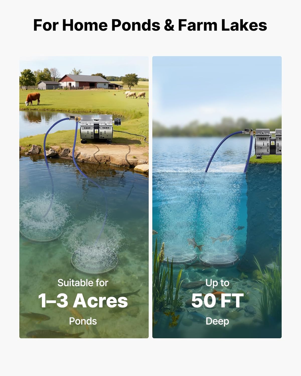 VEVOR Vijverbeluchter 590 W ventilatiesysteem meer 1,2 hectare luchtpomp vijver buiten voor diepe waterzuurstofcirculatie, met luchtcompressor, 2 diffusers, 2 verzwaarde slangen 30,5 m