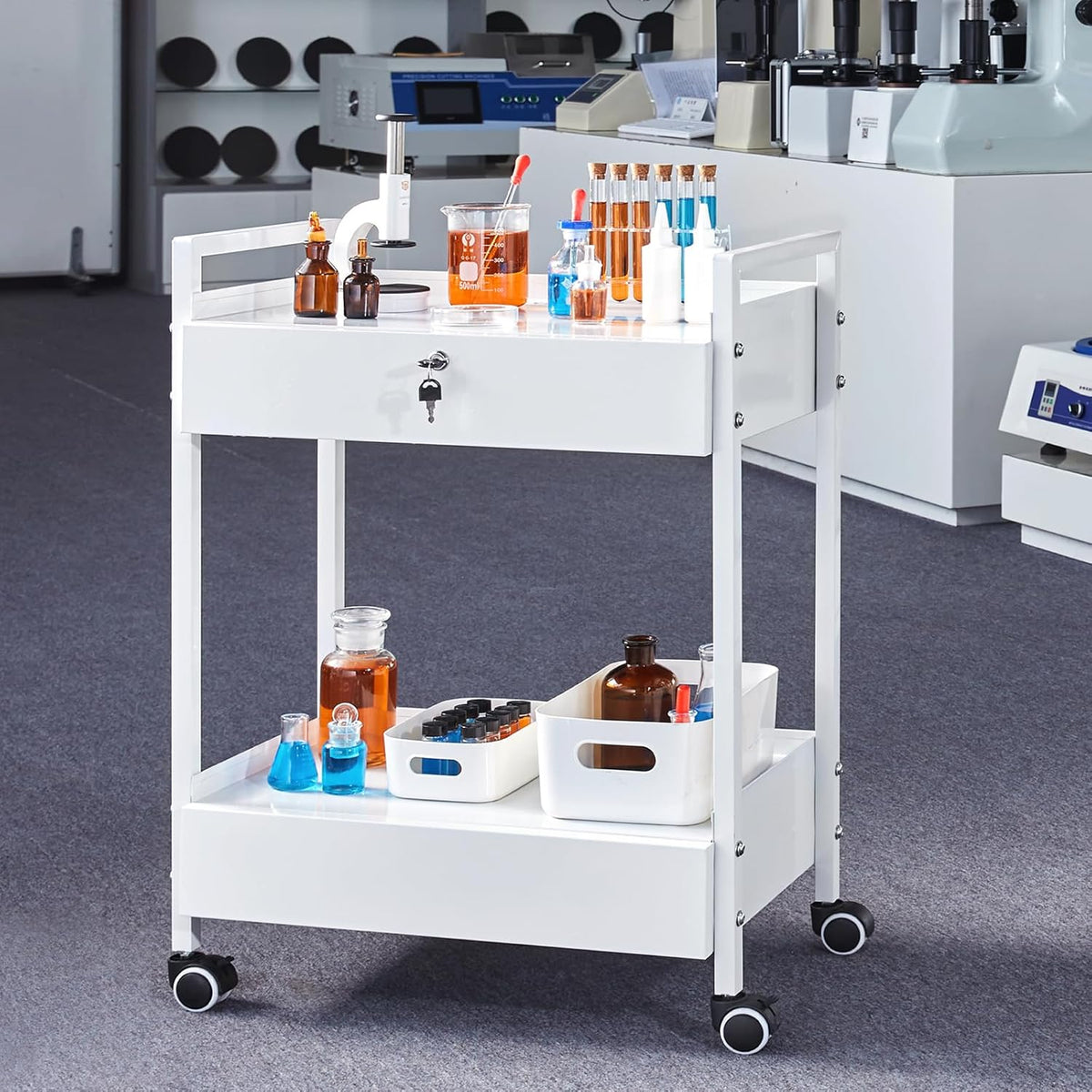 VEVOR Laboratoriumwagen met 2 niveaus, medische trolley van roestvrij staal, serveerwagen, grote draagkracht 100 kg, met 2 laden, voor laboratorium, salon, ziekenhuis, tandgebruik, wit