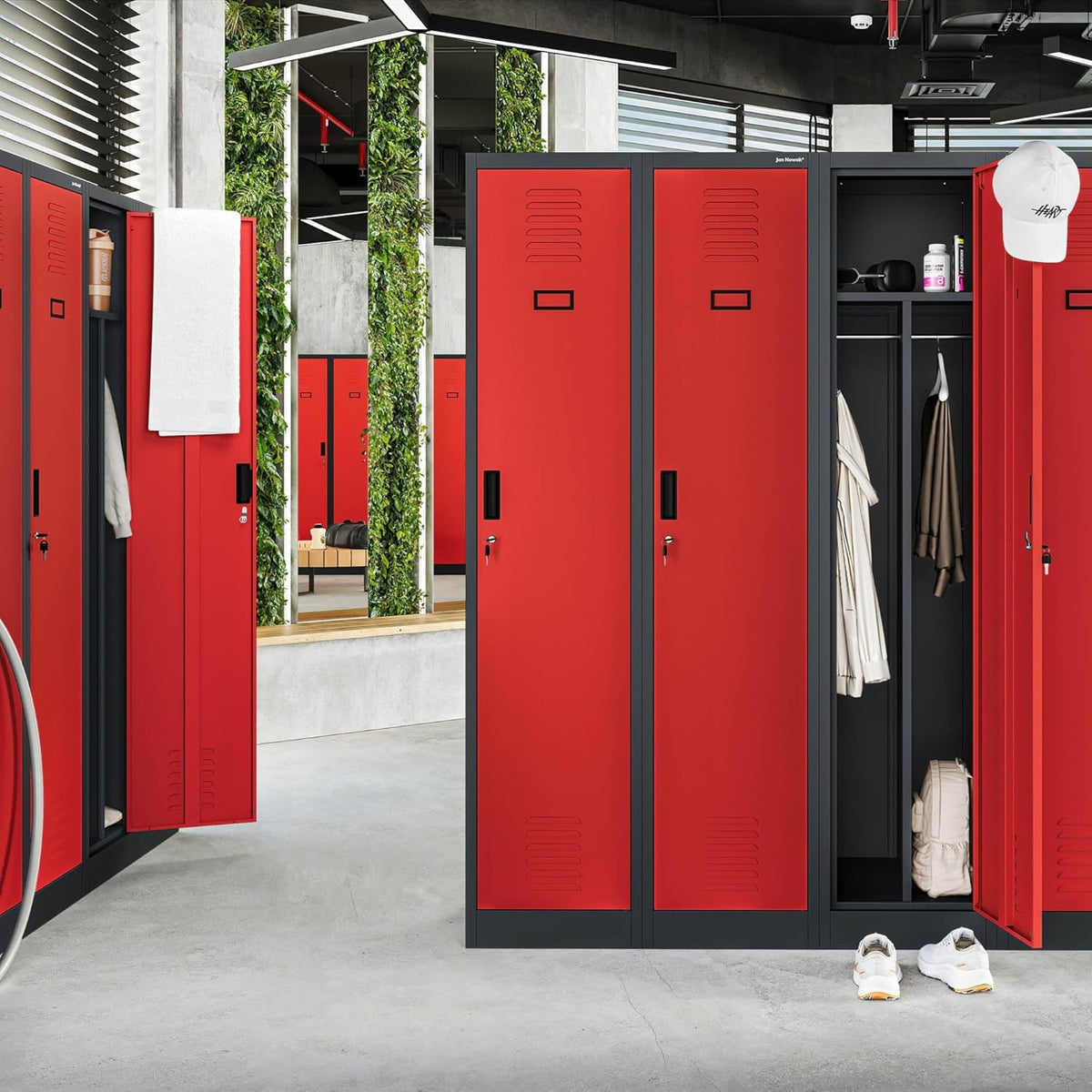Stalen Kast Garderobekast Dubbele kast 2 compartimenten Etikethouder Scheidingswand Ventilatiesleuven Poedercoating 180 cm x 80 cm x 50 cm (Antraciet-Rood)