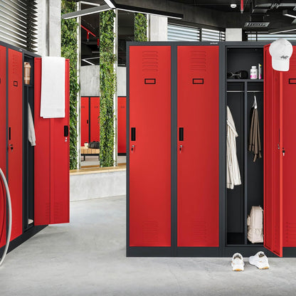 Stalen Kast Garderobekast Dubbele kast 2 compartimenten Etikethouder Scheidingswand Ventilatiesleuven Poedercoating 180 cm x 80 cm x 50 cm (Antraciet-Rood)