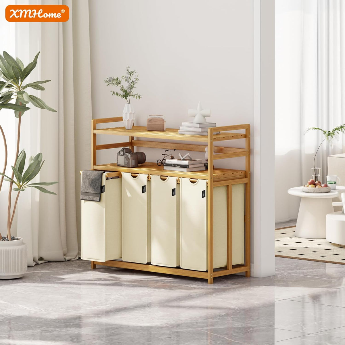 198 liter wasverzamelaar, 4 vakken, wasmand met dubbele plank, bamboe wasbox met uitneembare waszakken, ruimtebesparend voor badkamer, slaapkamer, waskeuken, beige
