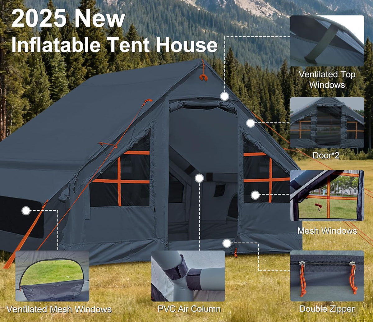 SHANQUAN Opblaasbare tent met pomp, 4-6 personen, instant glamping kampeertenhuis, eenvoudige installatie, opblazende familietenten voor 4 seizoenen, waterdichte opblaasbare tent voor kamperen met