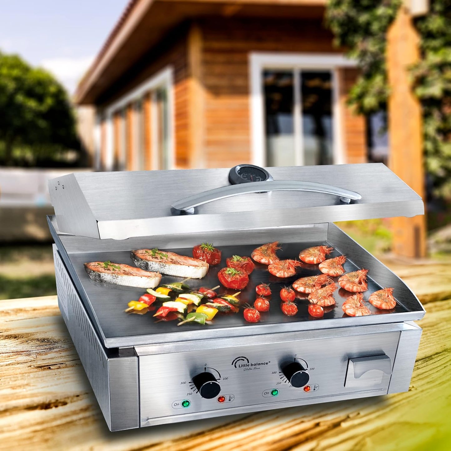 LITTLE BALANCE 8473 Aquitaine Pro Plus, professionele elektrische grillplaat, 2 kookzones, deksel, 3500 W, gemaakt in Frankrijk, volledig roestvrij staal