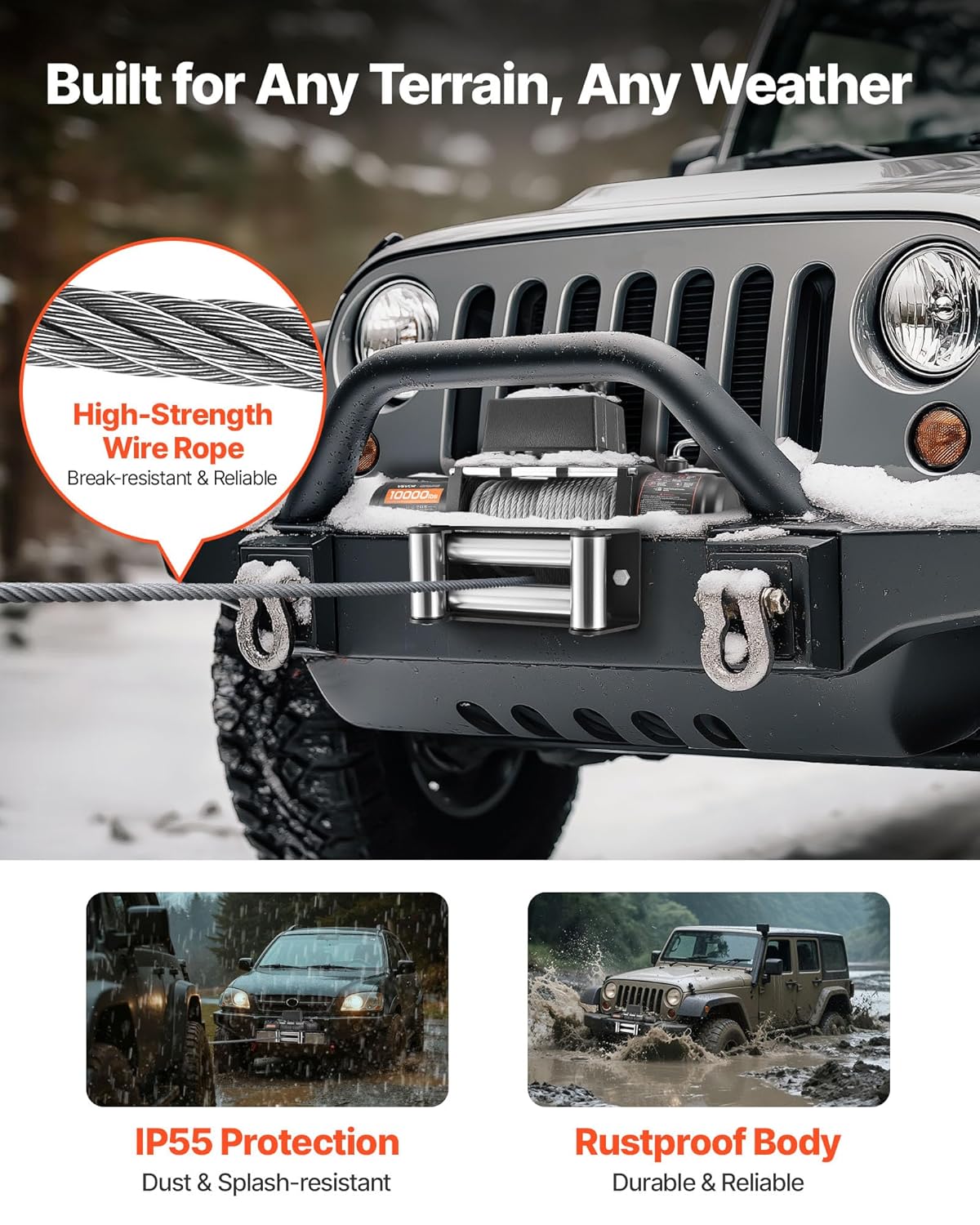 VEVOR Electric Winch 4500kg Capacity 12V DC Truck with Steel Cable Diameter 8.3mm x 19.8m Wireless Wired Remote Control IP55 for Towing SUV, Jeep, Trailer