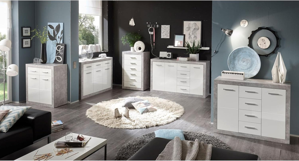 Stella Trading Stone commode met laden in betonlook, wit hoogglans - moderne commode met veel opbergruimte voor je woonkamer