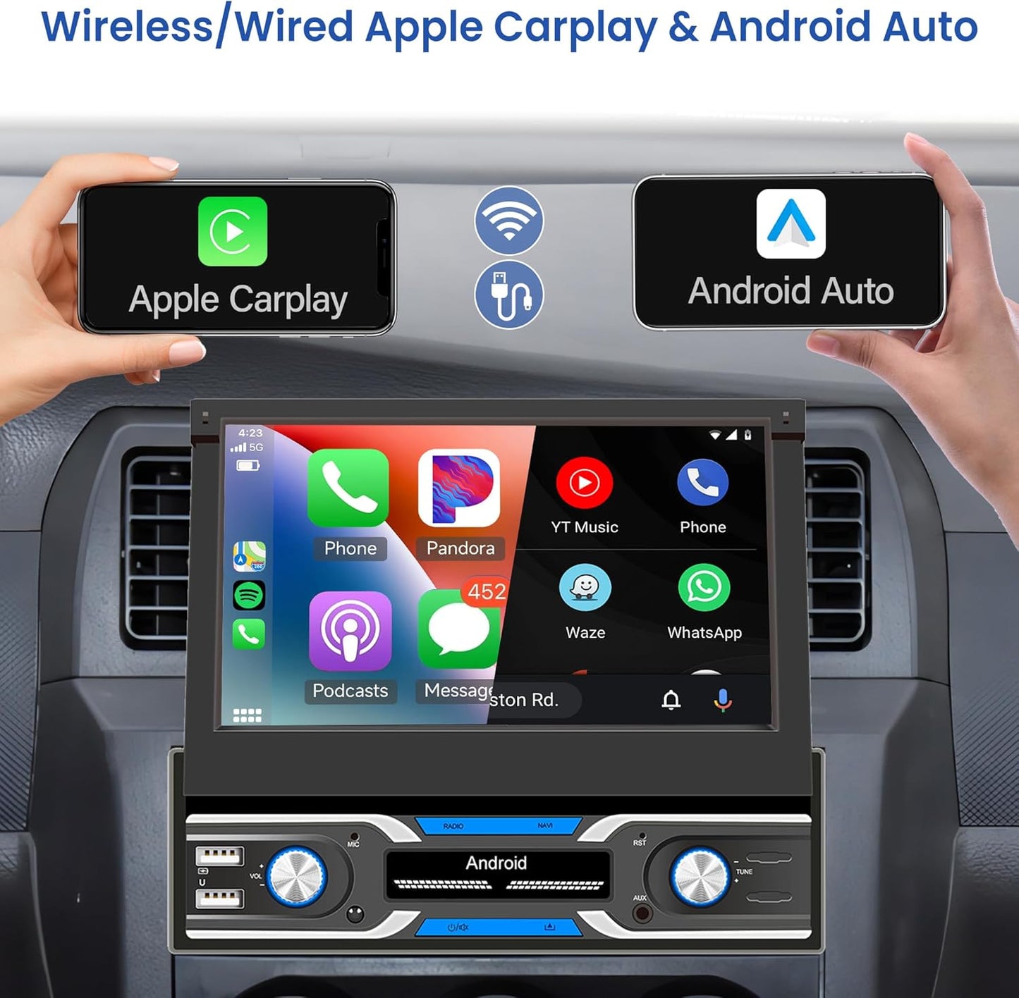 Autoradio 1 Din – Android Autoradio – Carplay Autoradio – GPS Navigatie Radio – DAB+ Autoradio – 7 Inch Automatisch Uitschuifbaar Scherm – Draadloze CarPlay & Android Auto