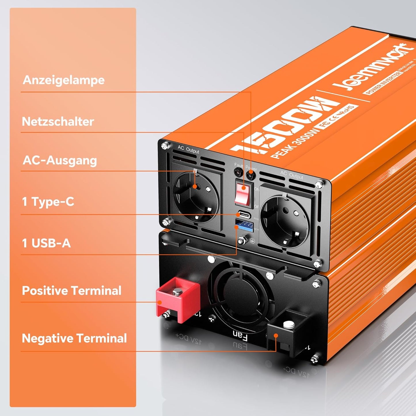 Spanningsomvormer, 1500 W, omvormer met gemodificeerde sinusgolf, 12 V naar 230 V, piekvermogen 3000 W, ideaal voor laptops, tablets, smartphones en meer