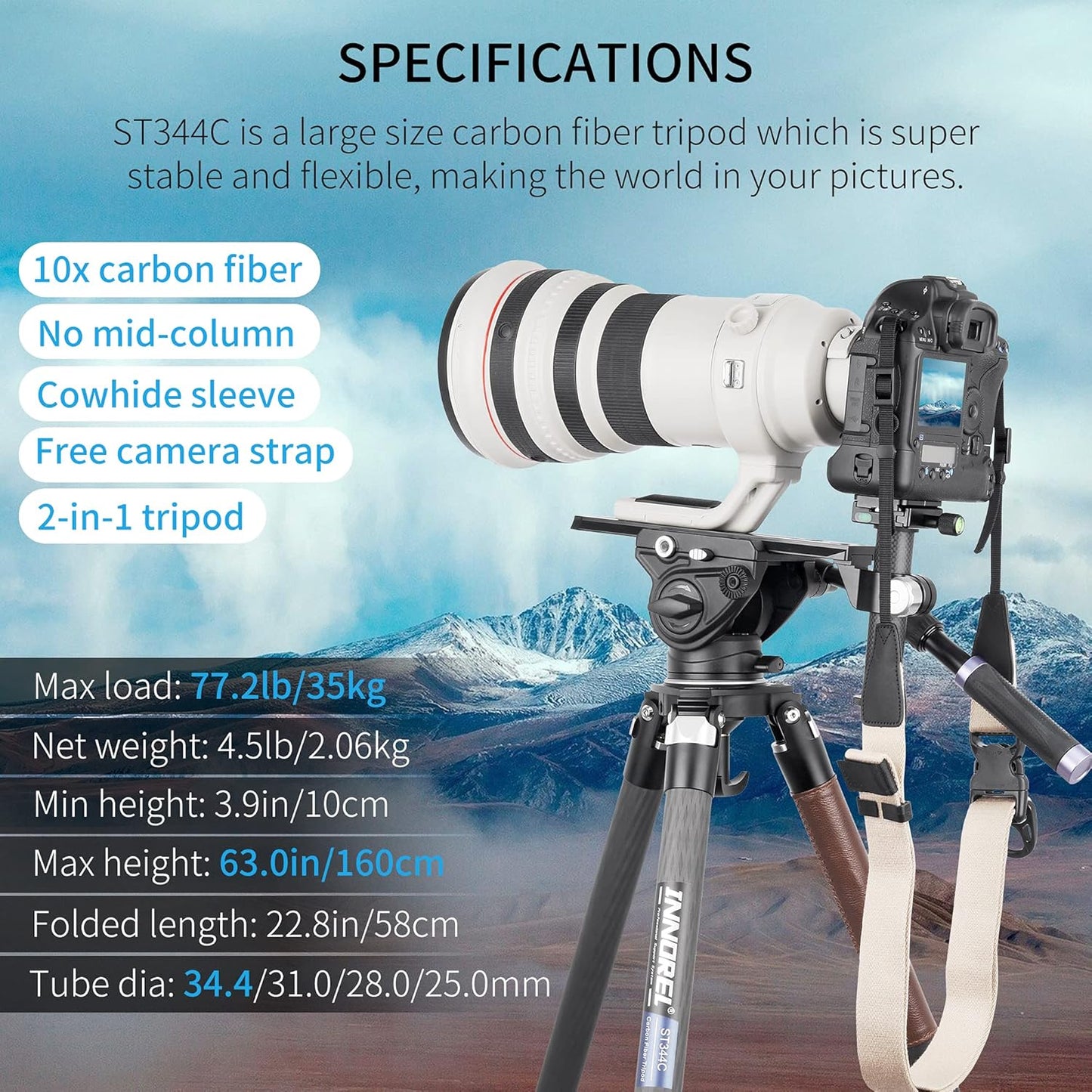 Koolstofvezel statief INNOREL ST344C Professionele zware camera statieven met gratis 75mm bowl adapter max. buisdiameter 34.4mm/ max. Belasting 35kg / max. Hoogte 160 cm voor DSLR-reizen