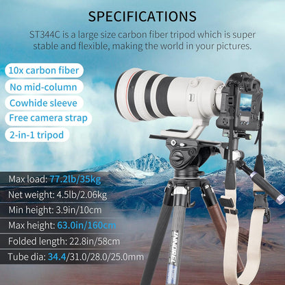 Koolstofvezel statief INNOREL ST344C Professionele zware camera statieven met gratis 75mm bowl adapter max. buisdiameter 34.4mm/ max. Belasting 35kg / max. Hoogte 160 cm voor DSLR-reizen