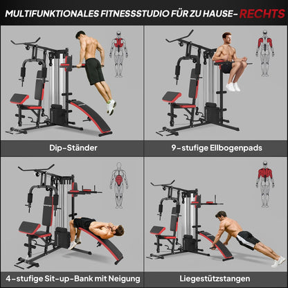 SPORTNOW Kraftstation,Multifunktionale Fitnessstation mit Butterfly- & Latzugstange,Curler, Brustpresse, Sit-Up-Bank, Fitnessgerät mit 65 kg Weightblöcken für Zuhause, Schwarz - QUORE