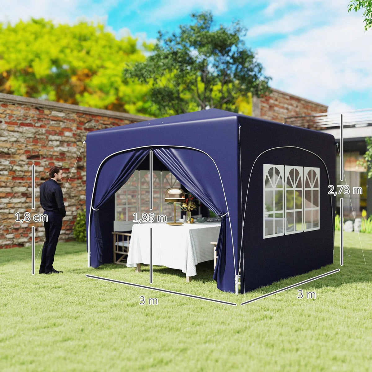 Outsunny Pavillon 3x3m, wasserabweisend Stabil Winterfest Pop-up Faltpavillon, UV Schutz 50+, Faltbar Partyzelt Gartenzelt mit 4 Seitenteilen Tasche Gartenpavillon für Camping Garten, Dunkelblau - QUORE
