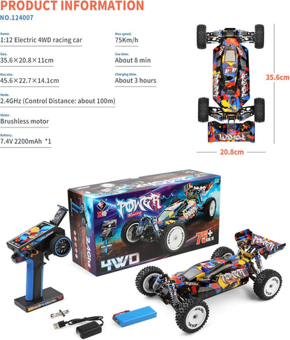 RC Auto – Radiografisch Bestuurbare Auto – RC Racer – Elektrische Raceauto – Offroad Buggy – 1:12 Schaal – 75 km/u Topsnelheid – Vierwielaandrijving met Oliegedempte Schokbrekers