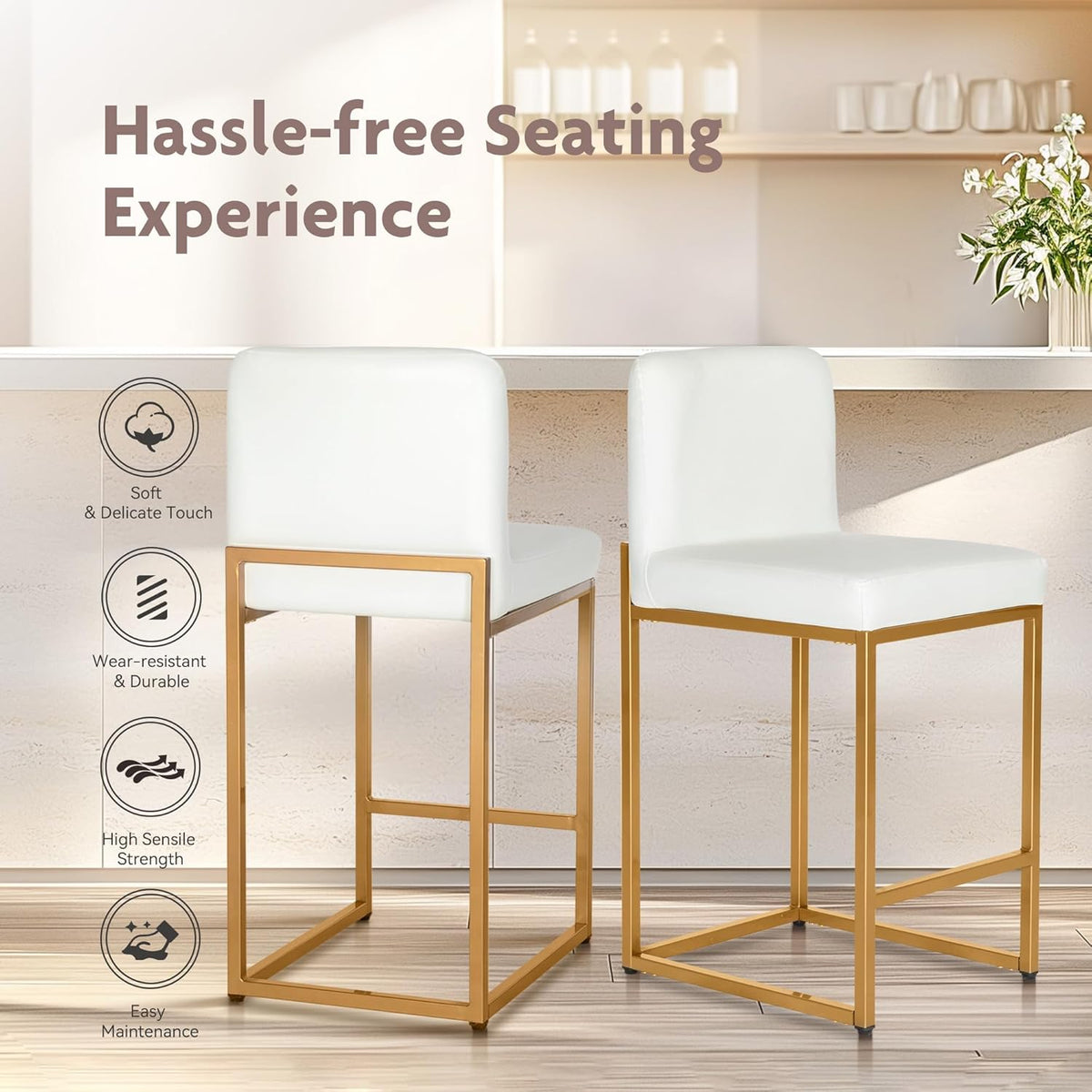 ALPHA HOME Makeup Stool, Makeup Table, Stool, 2 Bar Stools, Bar Stool, Office Stool, Kitchen Chairs with Backrest and Footrest, Robust Metal Frame, Modern Bistro Stool, Breakfast Stool, White