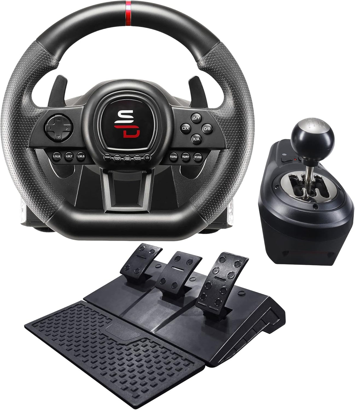 Gaming Stuur – Racestuur – Race Wheel – Simulatiestuur – Handmatig Schakelen – 3 Pedalen met Koppeling – Vibratie Feedback – Programmeerbare Schakelpeddels