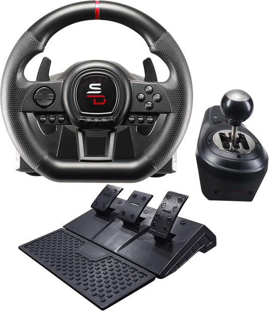 Gaming Stuur – Racestuur – Race Wheel – Simulatiestuur – Handmatig Schakelen – 3 Pedalen met Koppeling – Vibratie Feedback – Programmeerbare Schakelpeddels