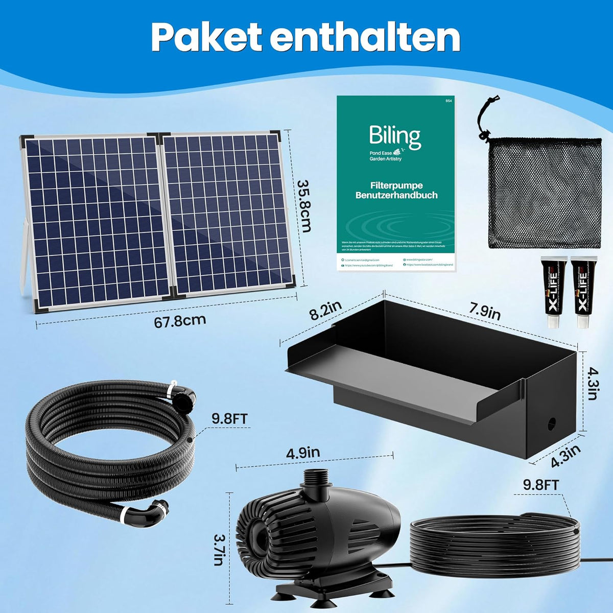 Biling 70 W Solar vijver watervalset, 30 cm roestvrijstalen overloop vijverpomp waterval en duurzame buisdecoratie voor koivijver, zwembad, beekloop, tuinvijver, terras, doe-het-zelf siervijver