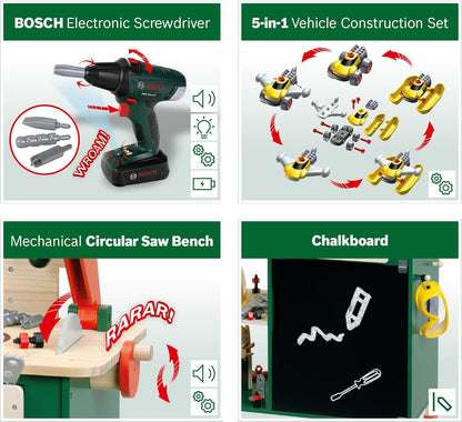 Theo Klein 8734 Bosch houten werkbank I Stevige kinderwerkbank, in hoogte verstelbaar I Elektrische accuboormachine, gereedschap met licht- en geluidseffecten I Speelgoed voor kinderen vanaf 3 jaar