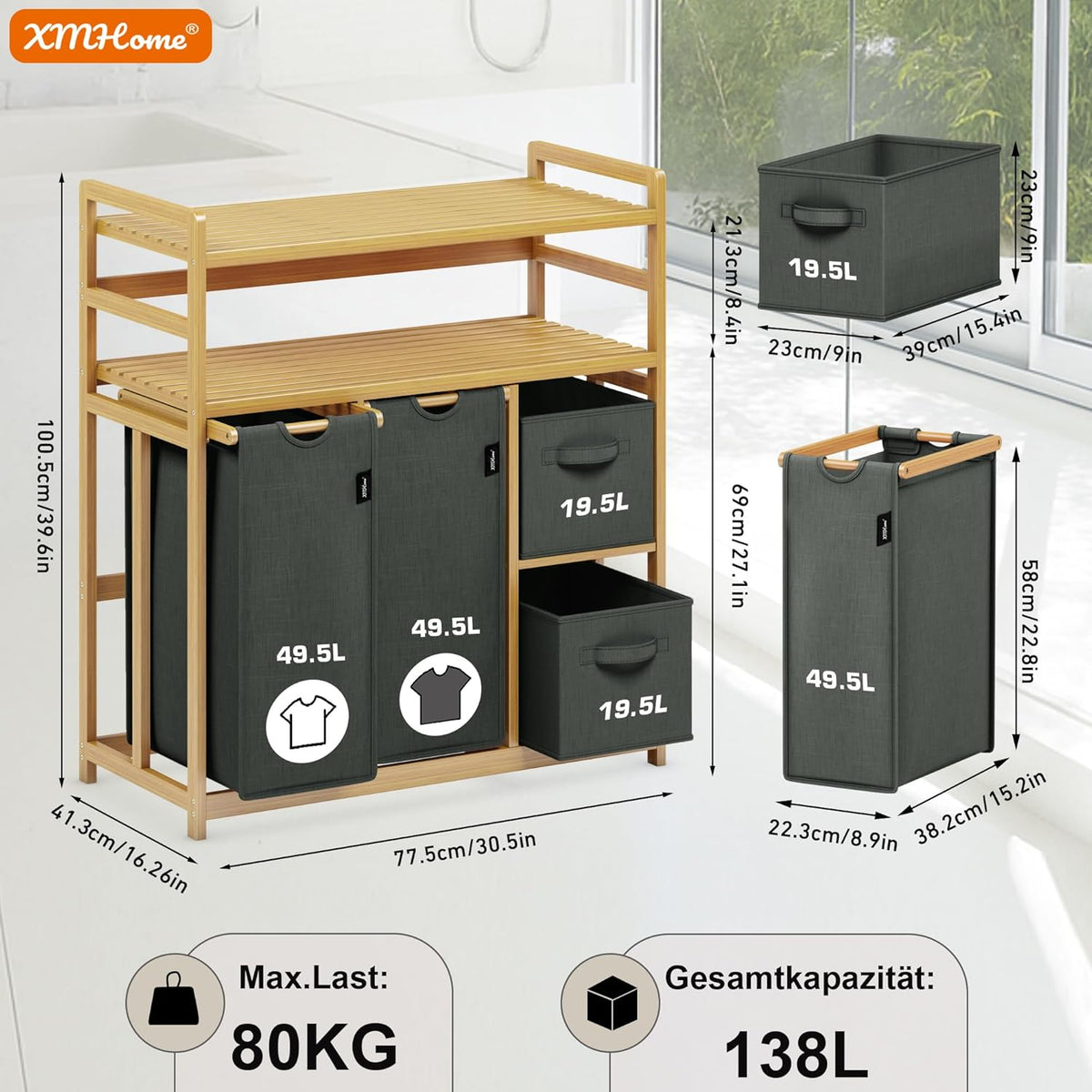 Bamboe wasmand 138 liter, met 2 waszakken en 2 opbergdozen, 4-voudige wassorteerder met dubbele plank, stabiele wasverzamelaar, laundry basket, donkergrijs