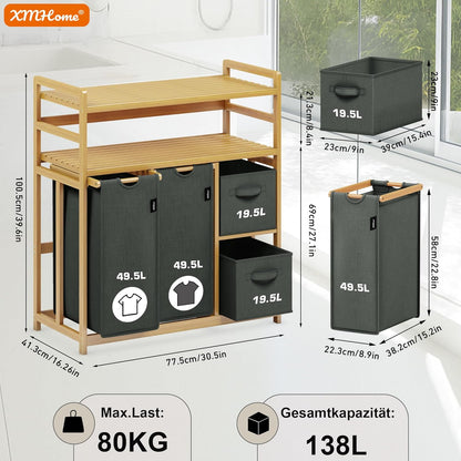 Bamboe wasmand 138 liter, met 2 waszakken en 2 opbergdozen, 4-voudige wassorteerder met dubbele plank, stabiele wasverzamelaar, laundry basket, donkergrijs
