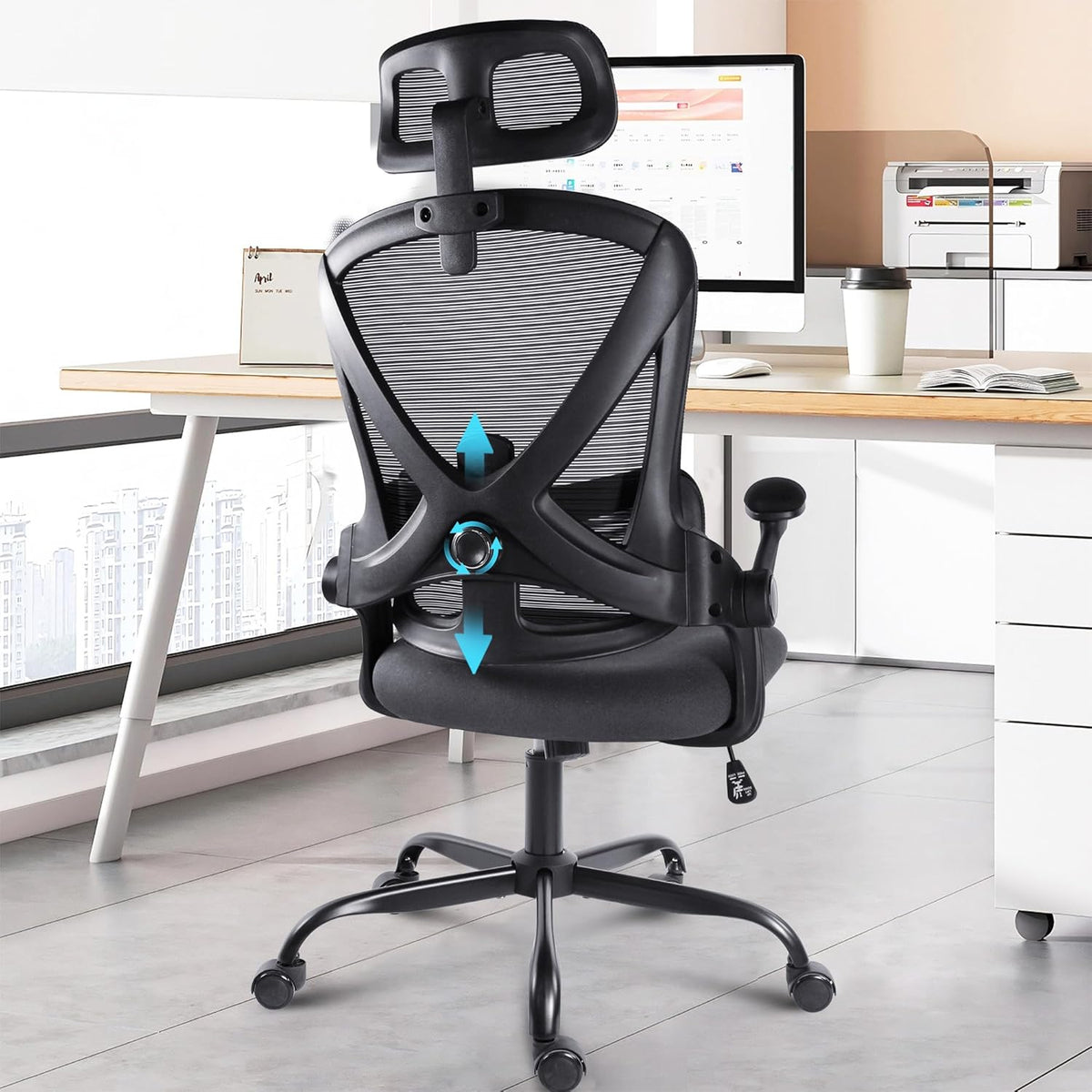 Bureaustoel Ergonomisch – Bureaustoel Comfortabel – Draaistoel Thuiswerk – Bureaustoel Met Armleuningen – Kantoorstoel Mesh Rugleuning – 3D Verstelbare Armsteunen – Afstelbare Lendensteun