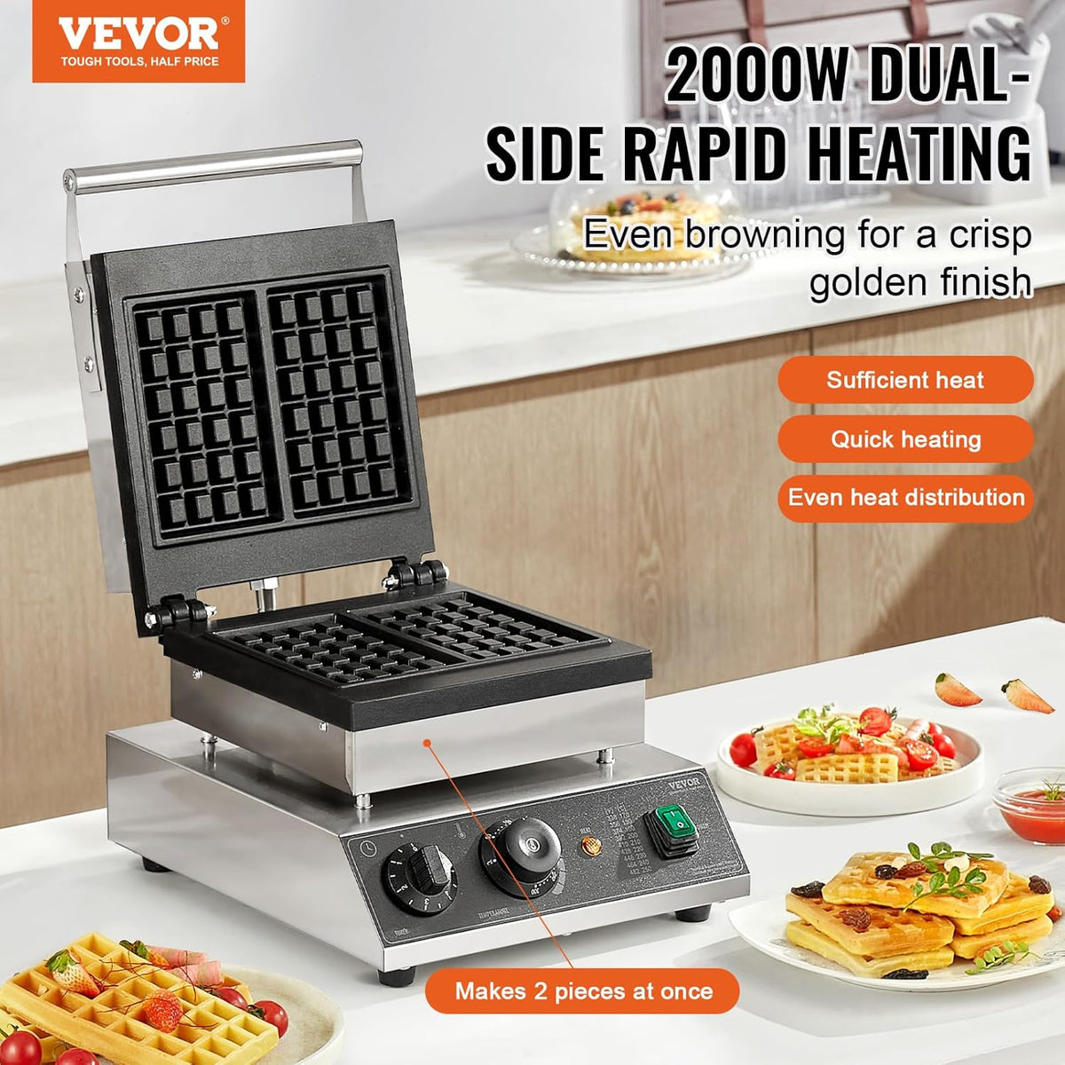 VEVOR Belgian Waffle Maker Rectangular Stainless Steel Non-Stick 2000W Temperature Control Handle for Restaurant Bakery Snack Bar