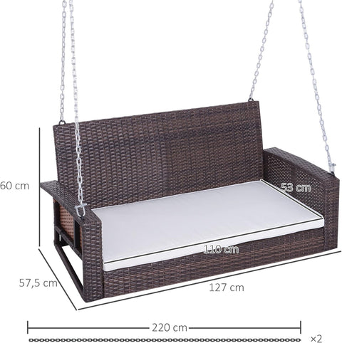 Hangstoel - Schommelbank - Hangbank - 2-zits - Rotan Tuinschommel - Hangende Schommel - Veranda Tuinbank - met Zitkussen - voor Buiten - Tuin - 127 x 57.5 x 60 cm - Bruin