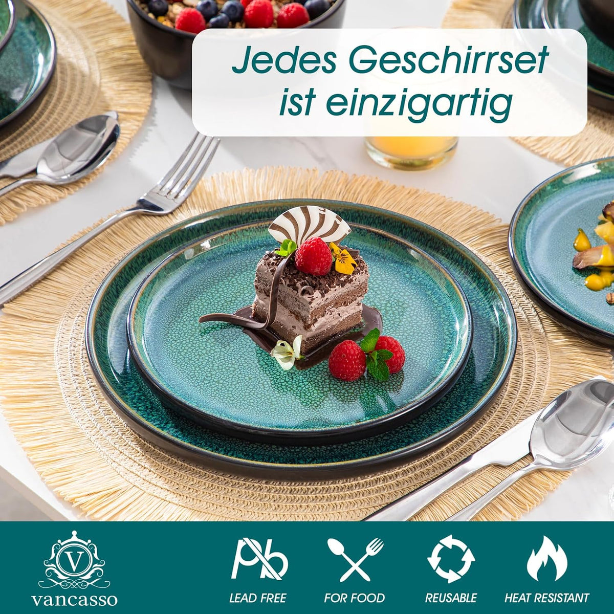 vancasso 24-delig eetservies, keramische borden en schalen set voor 6, mediterrane stijl diner sets in levendig groen, Playa serie eetservies set voor 6