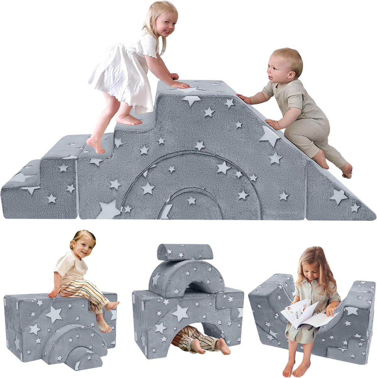 MeMoreCool Modulaire kinderbank van schuimrubber, uitklapbaar kinderkamermeubel met zit- en ligfunctie, zachte mini-bank met afneembare overtrek