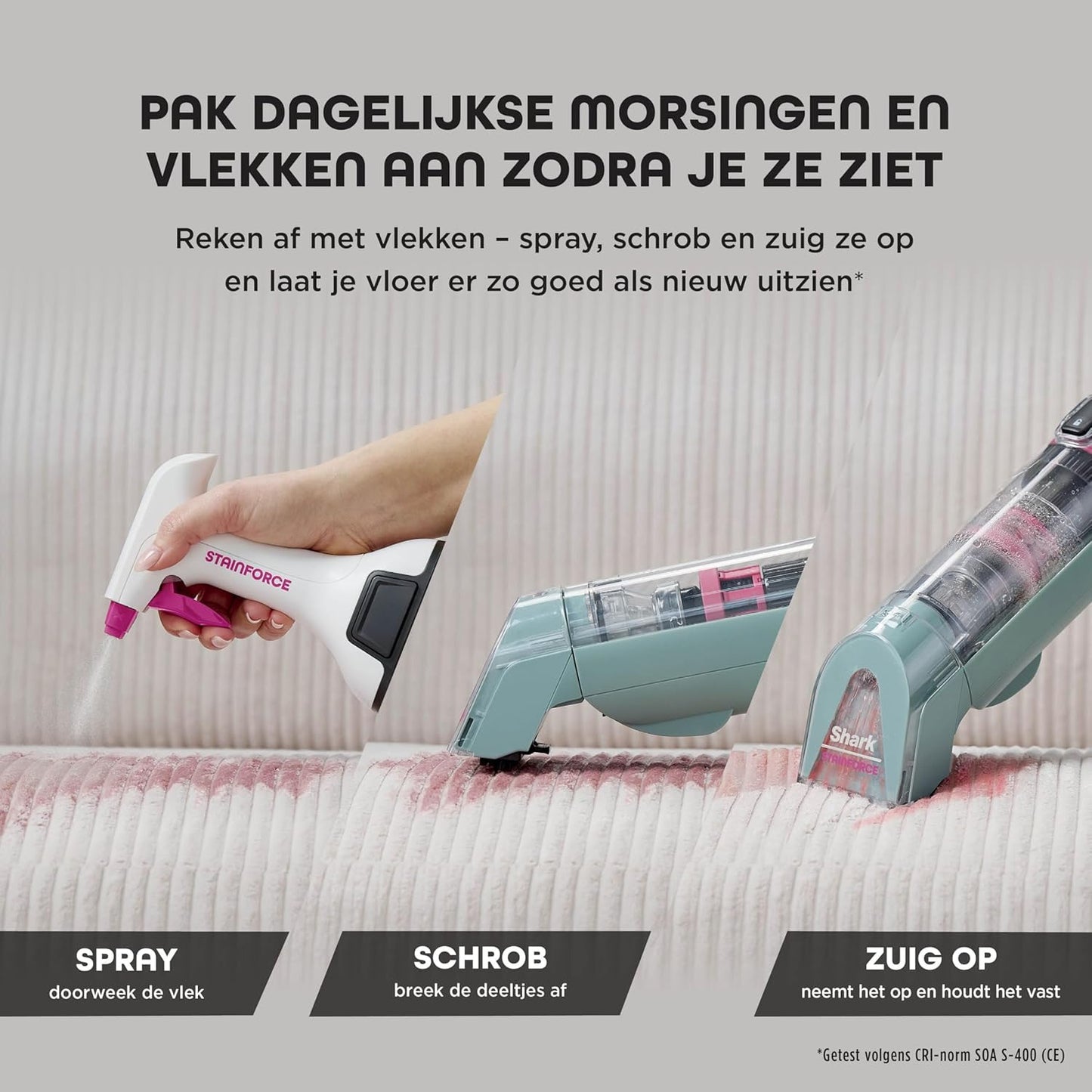 Shark StainForce snoerloze vlekkenverwijderaar, lichtgewicht en draagbare vlekkenverwijderaar voor tapijten, bekleding, trappen, auto's, met opvangbak, accessoires en 2x reinigingsoplossing, HX100EUCP