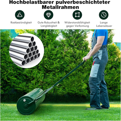FANTASK Gazonwals, metaal, handroller met handvat, 63 l, zware belasting, graswals, vulbaar met water en zand, tuinwals, trommel, gazonroller