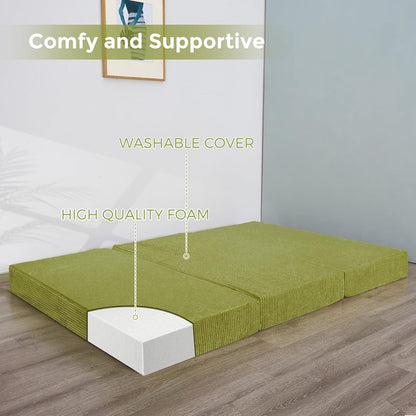MAXYOYO Opvouwbare corduroy matras, drievoudig gevouwen vloermat, dik, met wasbare overtrek, ruimtebesparend voor gasten (olijf, 135 x 190 cm - 10 cm)