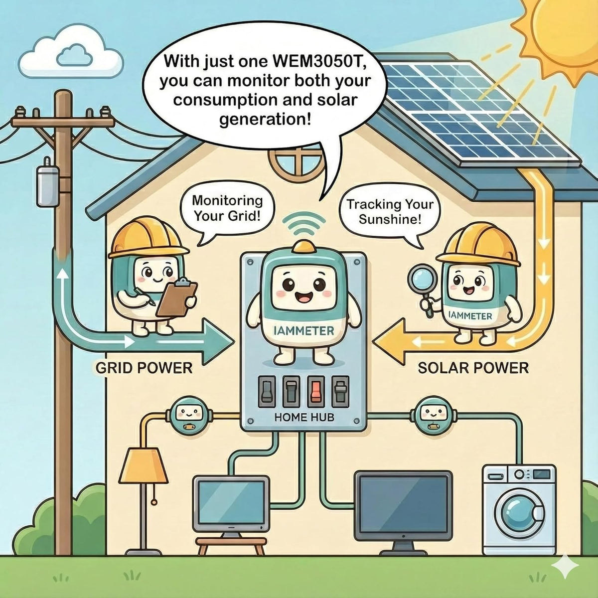 WEM3050T 3-fase/gesplitste fase/1-fase WiFi-energiemeter, 150A Split-Core CT's, realtime vermogensbewaking, zonne-PV en netenergie tracking, Home Assistant & MQTT-ondersteuning, Cloud&lokale